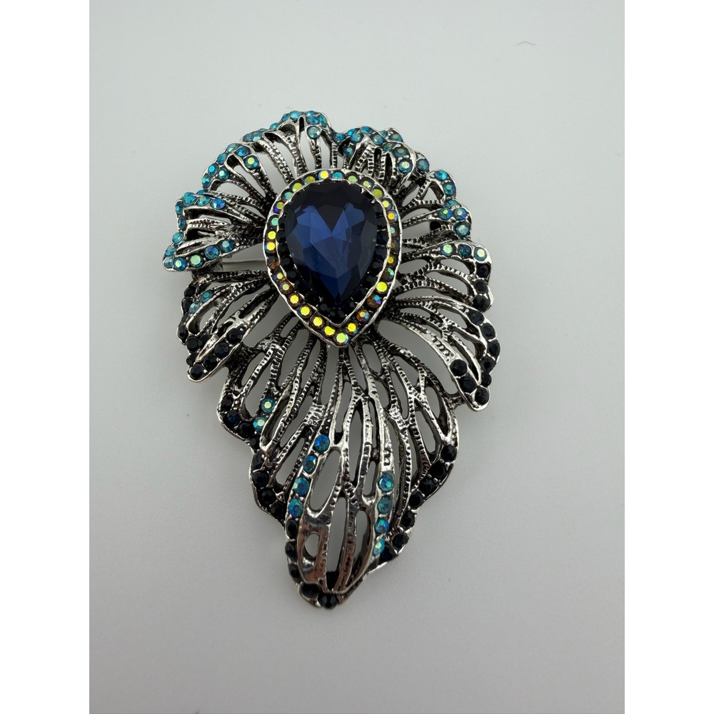 Unbranded Womens OS Blue Silver Filigree Teardrop Crystal Plume Statement Brooch